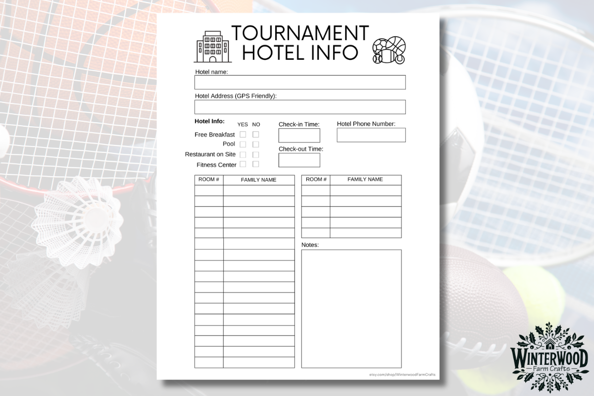 Travel Sports Team Tournament Printable Hotel Info Page