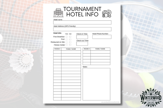 Travel Sports Team Tournament Printable Hotel Info Page